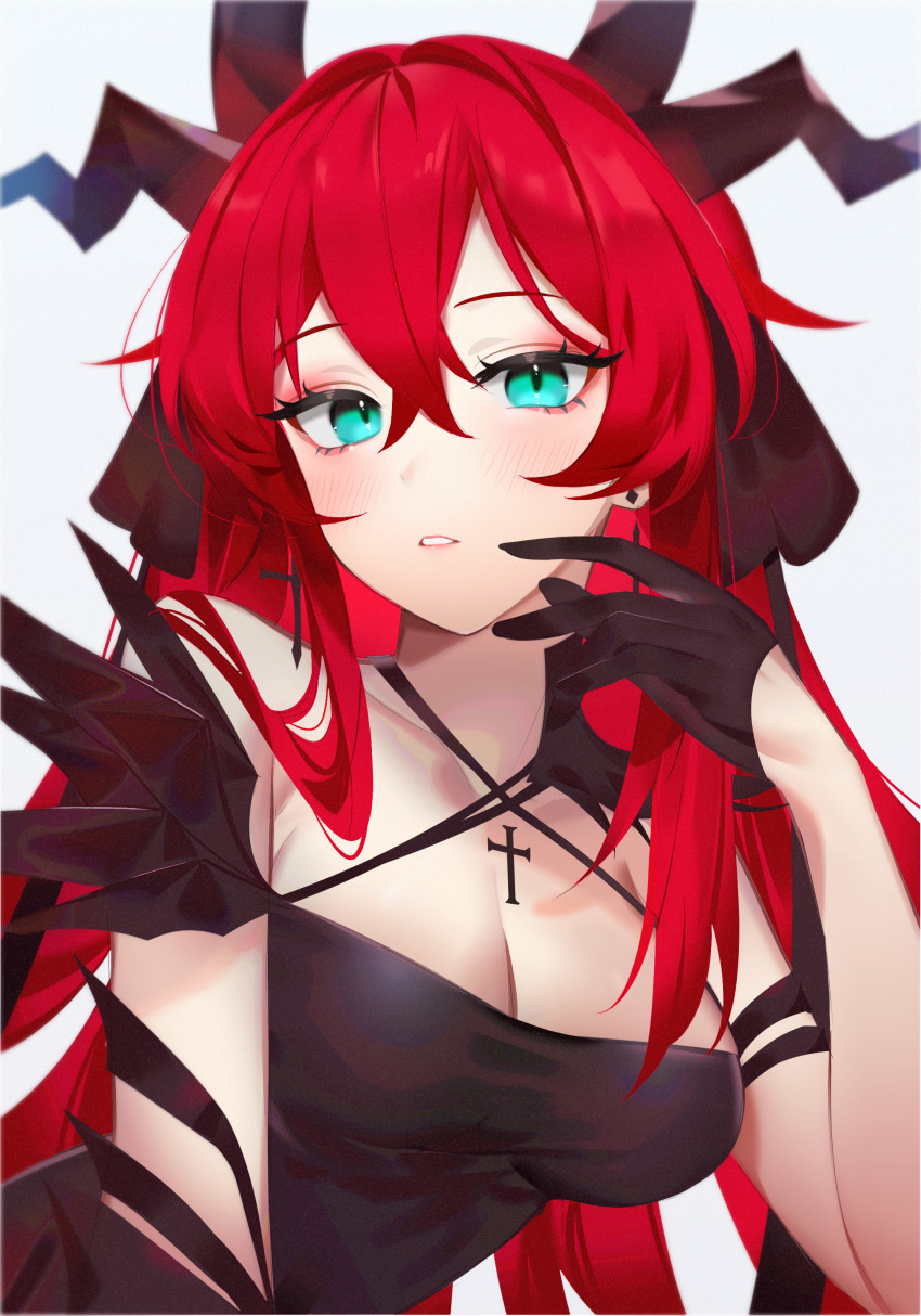 1girl, absurdres, aqua_eyes, atelier_live, black_dress, black_gloves, black_ribbon, blush