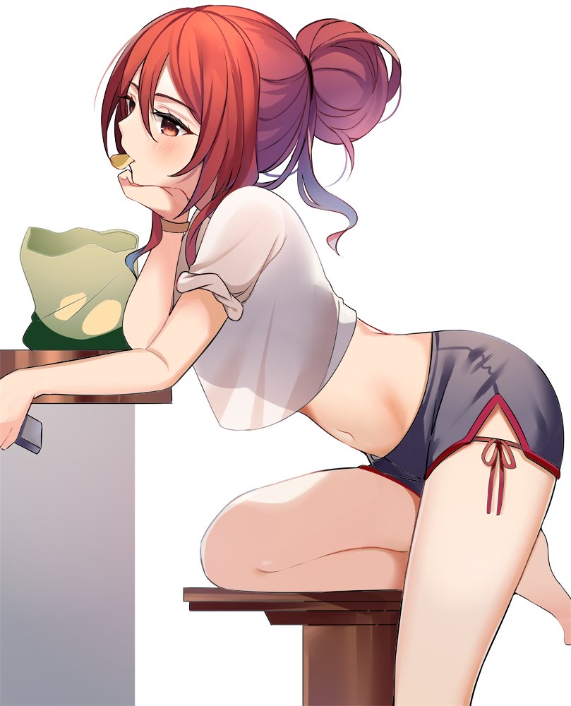 1girl, bent_over, black_shorts, breasts, chips_(food), crop_top, crop_top_overhang, food, from_side, head_rest, long_hair, medium_breasts, midriff, mingita_(ry_thae), mouth_hold, navel, original, potato_chips, red_eyes, red_hair, ry_thae, see-through_silhouette, shirt, short_shorts, shorts, side_slit, sleeves_rolled_up, solo, stomach, thighs, white_shirt
