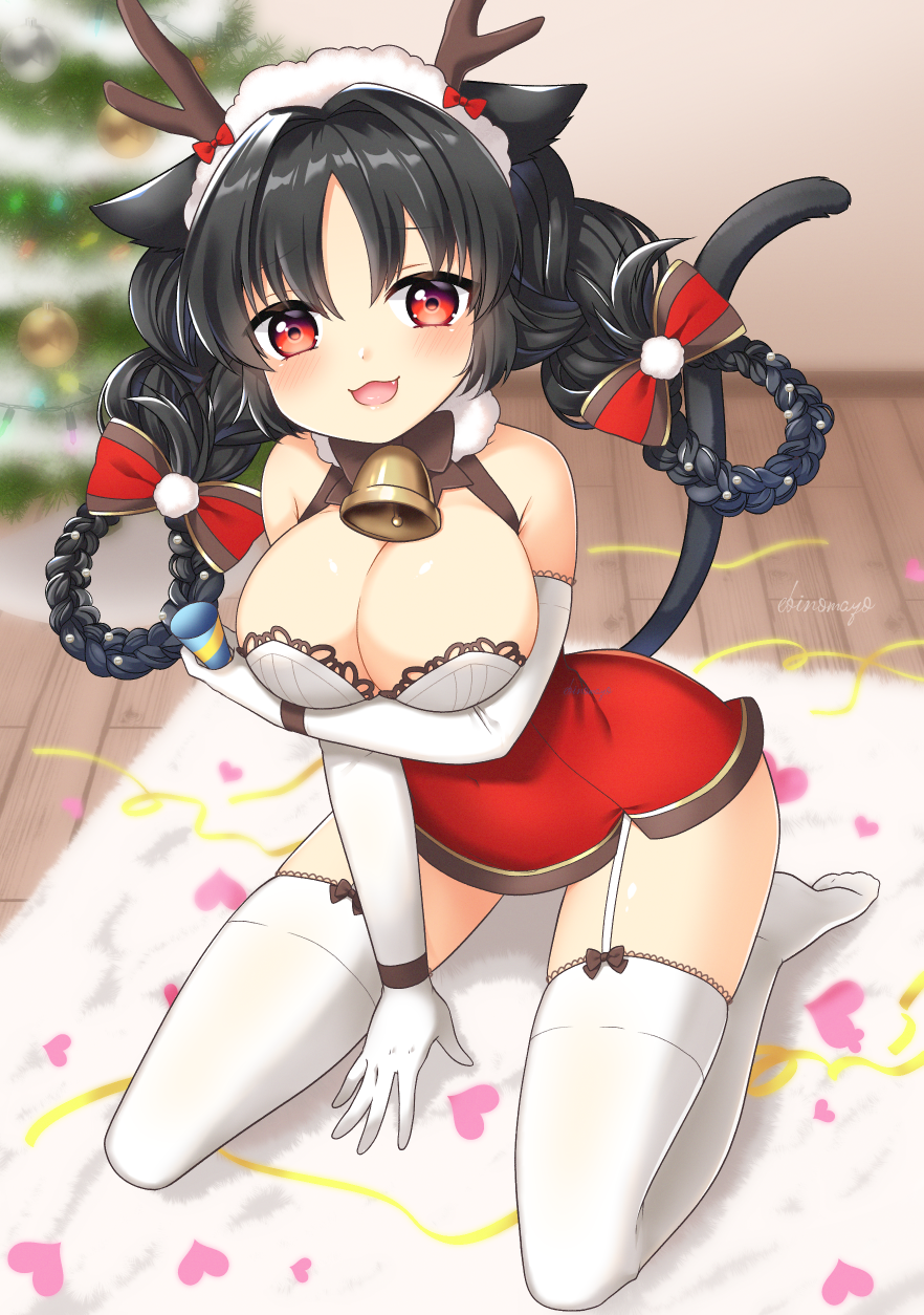 animal_ears, antlers, azur_lane, bell, between_legs, black_hair, braid, braided_hair_rings
