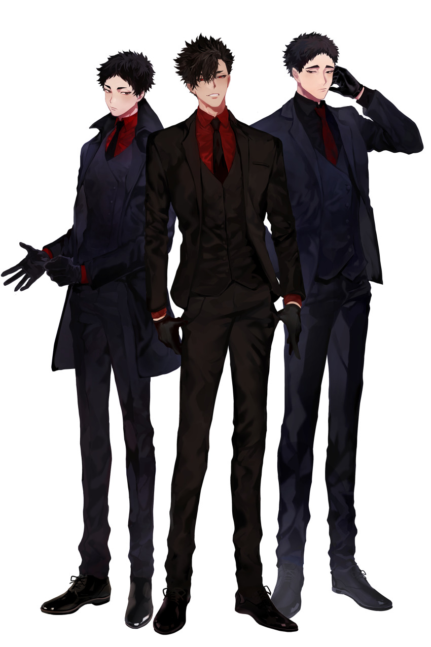 3boys, absurdres, akaashi_keiji, alternate_costume, arm_up, black_footwear, black_gloves, black_hair