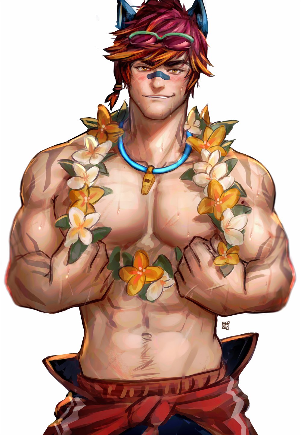 1boy, abs, animal_ears, arm_tattoo, bara, black_male_swimwear, brown_eyes, cat_ears, clothes_around_waist, flower, flower_necklace, gradient_hair, greenteaa, grin, highres, jewelry, league_of_legends, male_focus, male_swimwear, multicolored_hair, muscular, muscular_male, navel, necklace, pool_party_sett, red_male_swimwear, red_swim_trunks, sett_(league_of_legends), shirt, shirt_around_waist, short_hair, smile, solo, sweat, sweatdrop, swim_trunks, swimsuit, tattoo, teeth, topless_male, whistle, whistle_around_neck