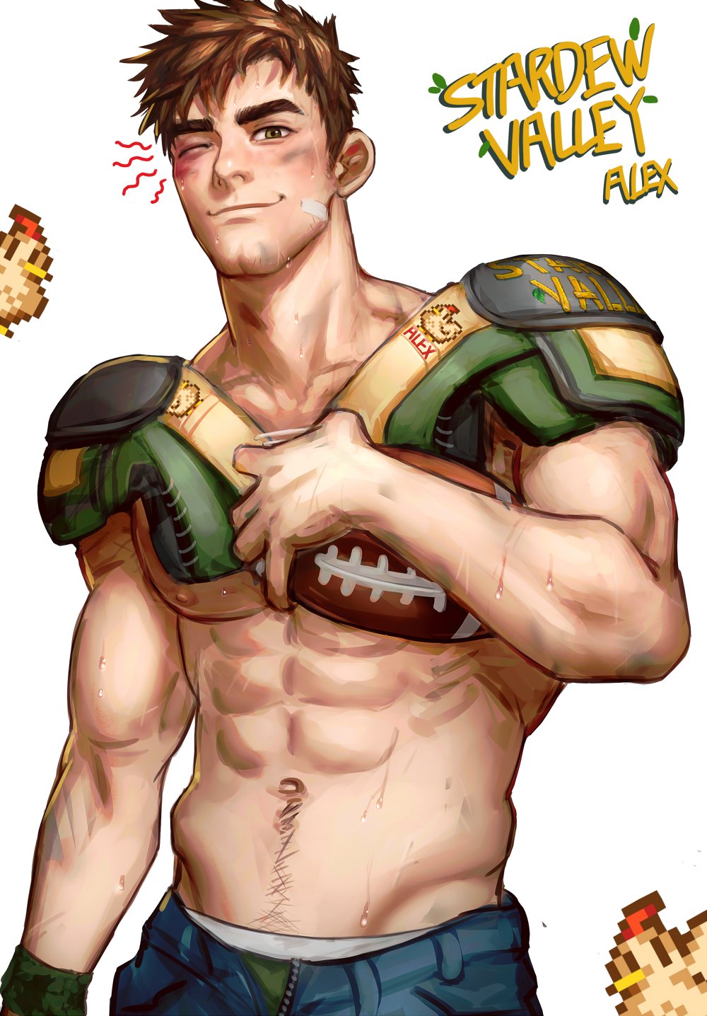 1boy, abs, alex_(stardew_valley), ball, bara, brown_hair, bruise, bruise_on_face, bruised_eye, closed_mouth, green_eyes, greenteaa, highres, holding, holding_ball, injury, looking_at_viewer, male_focus, male_underwear, muscular, muscular_male, navel, one_eye_closed, open_pants, pants, pectorals, rugby_ball, rugby_uniform, short_hair, smile, solo, sportswear, stardew_valley, sweat, sweatdrop, underwear, wrist_cuffs