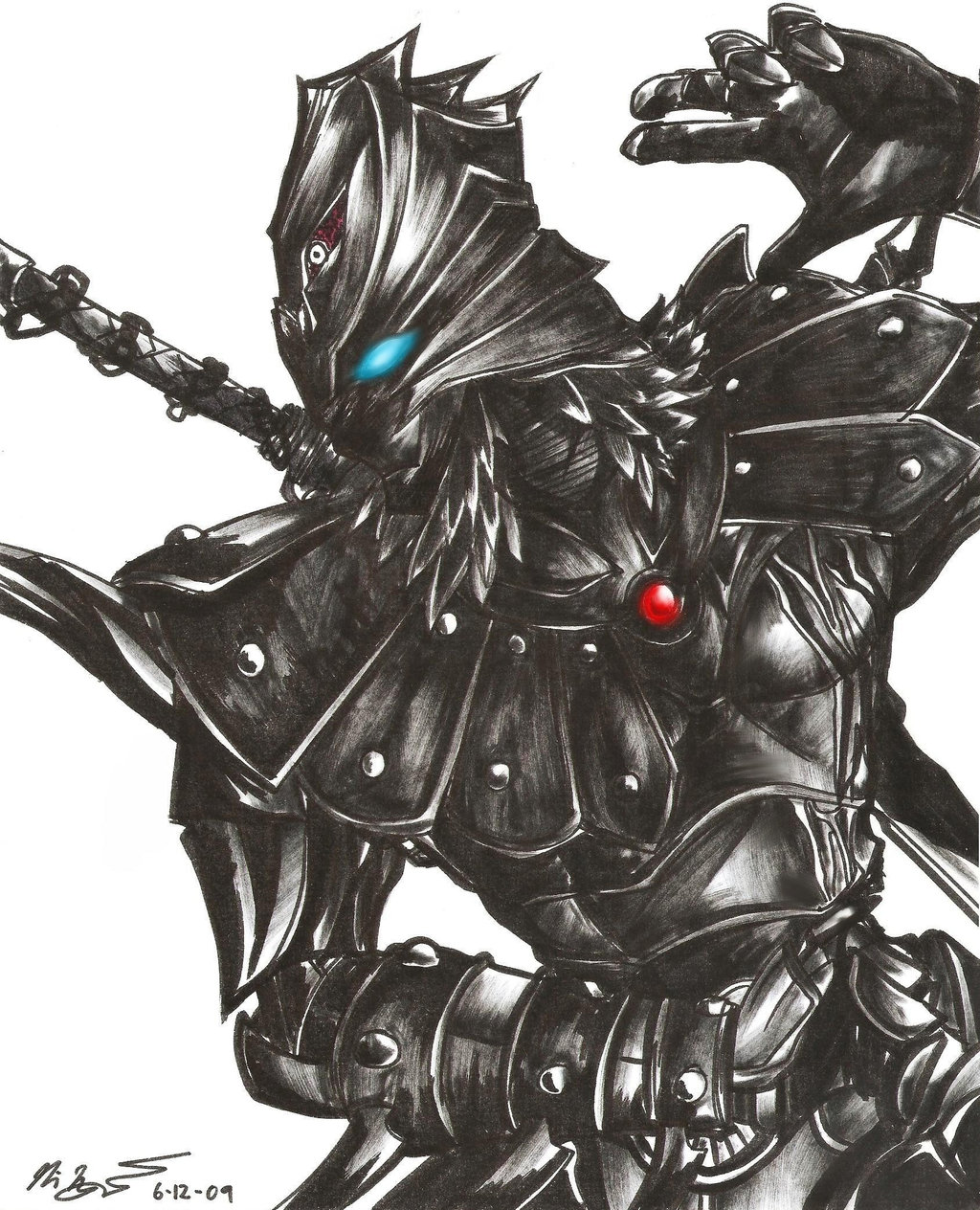 00s, armor, blue_eyes, feathers, helmet, highres, karas, katana