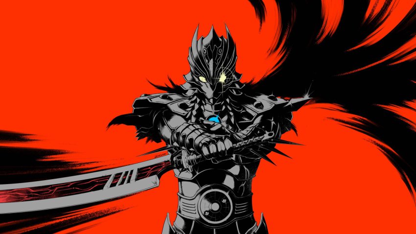 00s, 1boy, armor, feathers, full_armor, helmet, highres, karas, katana, male_focus, monochrome, otoha_(karas), red_background, solo, spot_color, sword, weapon, wings, yellow_eyes