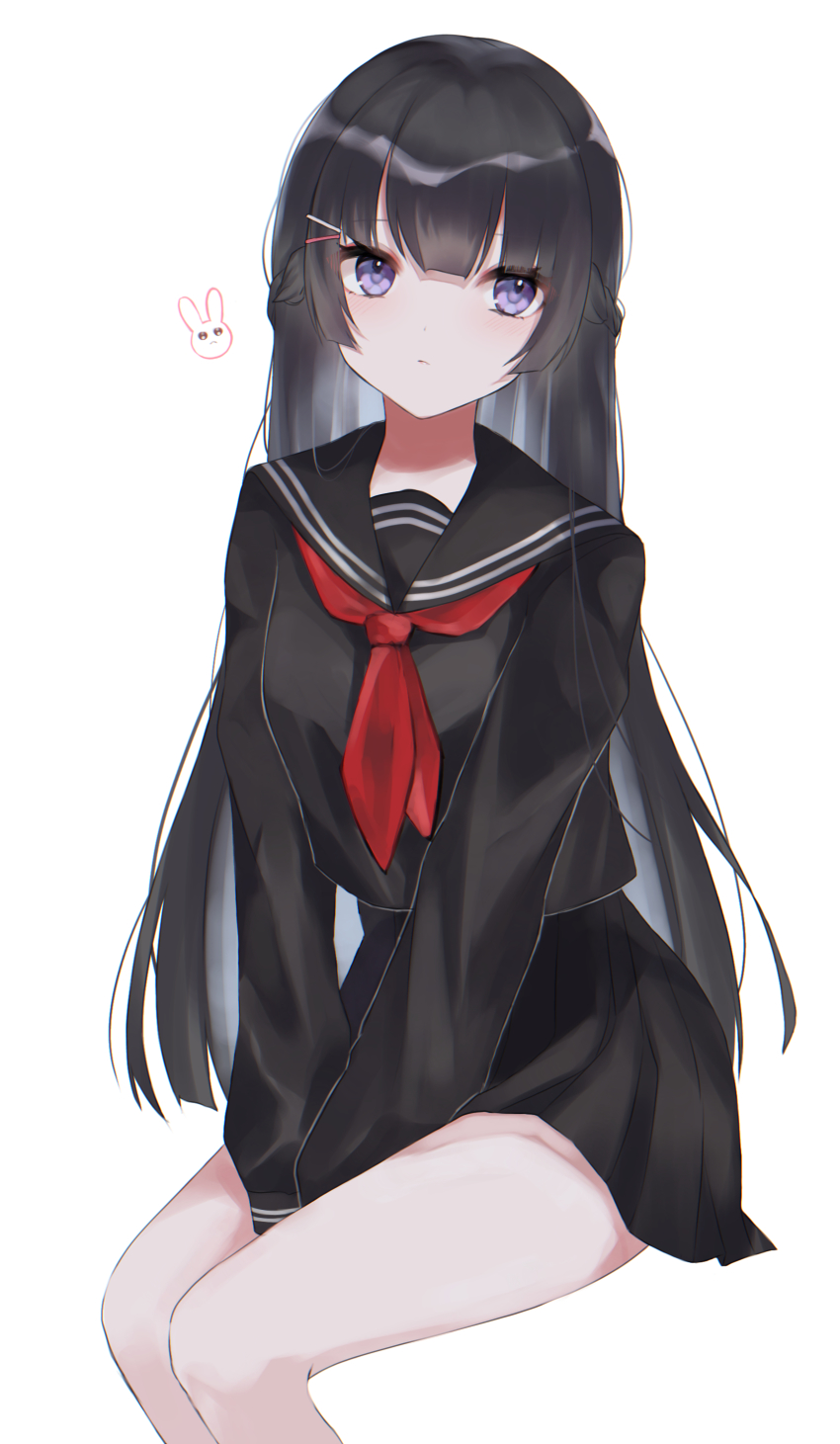 absurdres, black_hair, black_serafuku, black_skirt, eyebrows_hidden_by_hair, hair_ornament, hairclip, head_tilt, highres, invisible_chair, long_hair, looking_at_viewer, maguro_(minase1684), nijisanji, purple_hair, sailor_collar, school_uniform, serafuku, sitting, skirt, solo, tsukino_mito, tsukino_mito_(chihaki-shoujo), virtual_youtuber, white_background