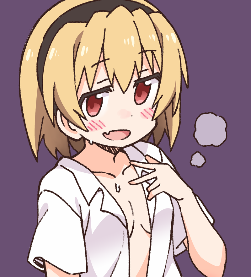 1girl, :d, black_hairband, blush, breasts, collarbone, collared_shirt, commentary_request