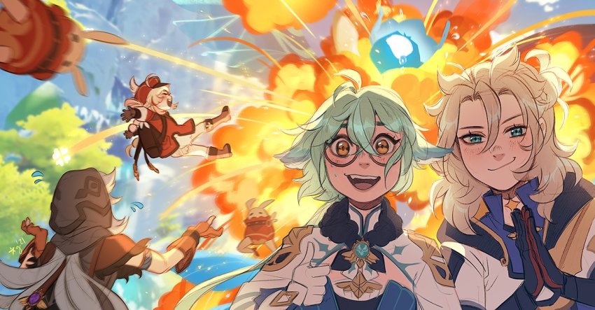 2boys, 2girls, :d, ^_^, ahoge, albedo_(genshin_impact), aleikats, animal_ears