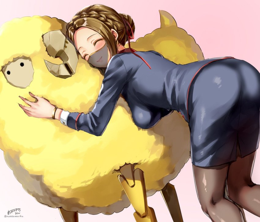 1girl, ^_^, animal, animal_hug, artist_name, ass, ayakawa_riku, bent_over