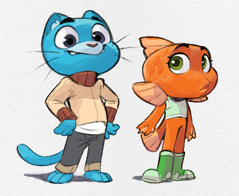 2boys, animal_ears, cat, cat_ears, cat_tail, darwin_watterson, fish, fish_boy, furry, furry_male, goldfish, gumball_watterson, lowres, marc_knelsen, multiple_boys, simple_background, sweater, tail, the_amazing_world_of_gumball, turtleneck, turtleneck_sweater