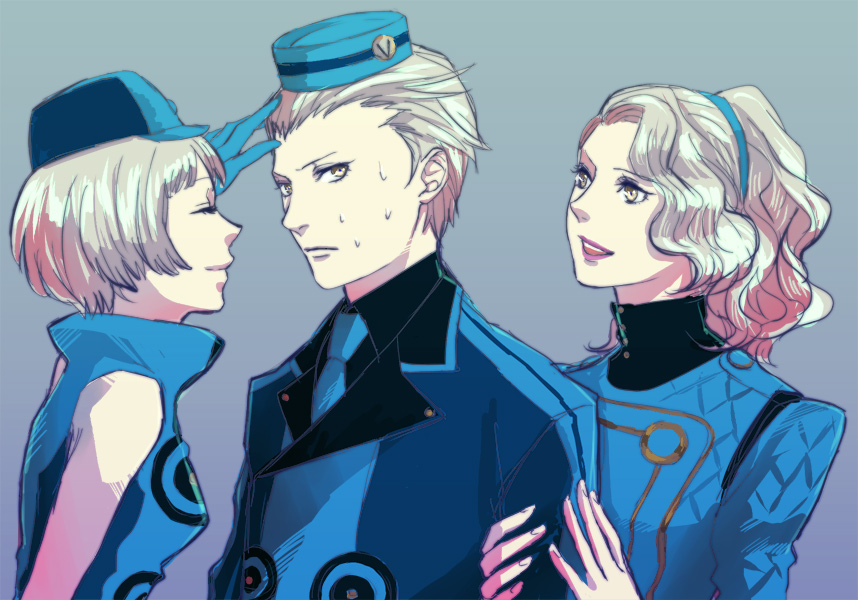 1boy, 2girls, atlus, brother_and_sister, crossover, elizabeth_(persona), family_bonding, girl_sandwich