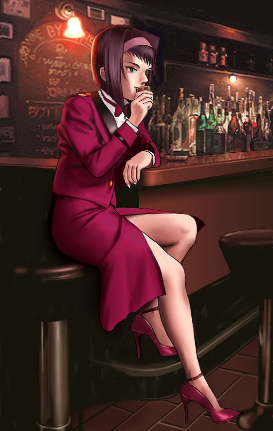 1990s_(style), 1girl, bar_stool, bottle, bow, bowtie, collared_shirt, cowboy_bebop