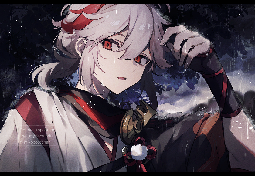 1boy, bad_id, bad_twitter_id, black_gloves, cloud, cloudy_sky, fingerless_gloves, genshin_impact