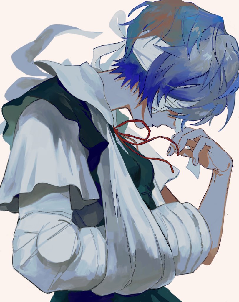 1girl, ayanami_rei, bad_id, bad_twitter_id, bandage_over_one_eye, bandages, bandaid, bandaid_on_face