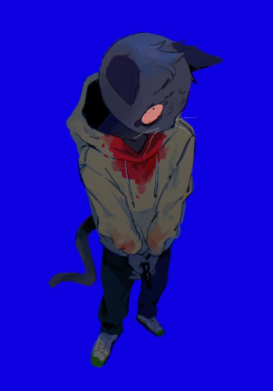 animal_ears, bad_id, bad_twitter_id, blood, blood_on_clothes, blue_background, cat_ears, cat_tail