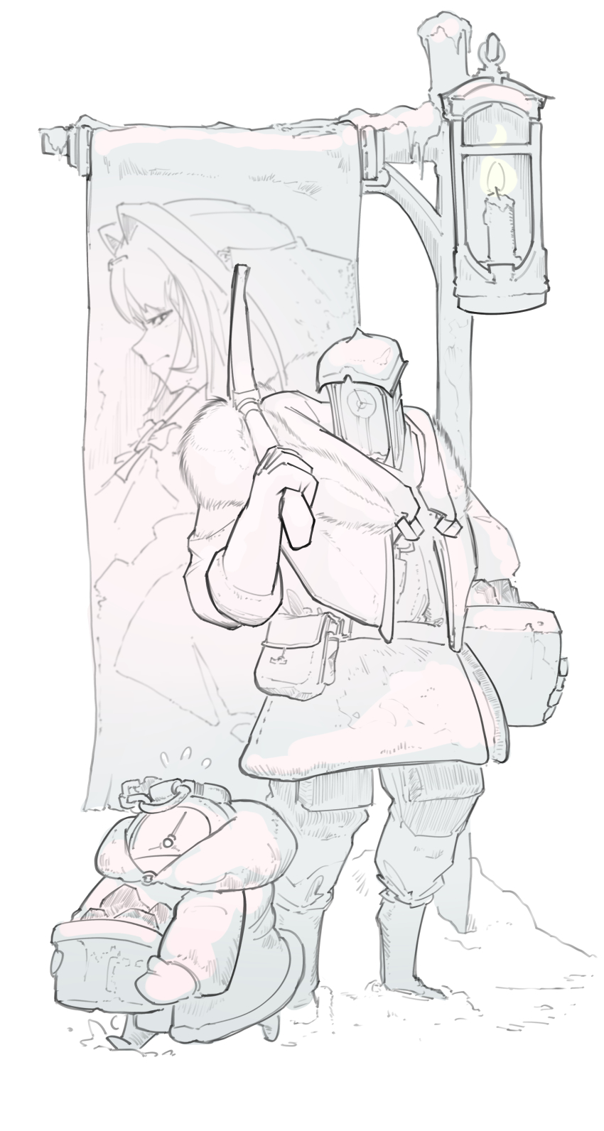 absurdres, banner, belt_pouch, bucket, candle, child, clock, commentary