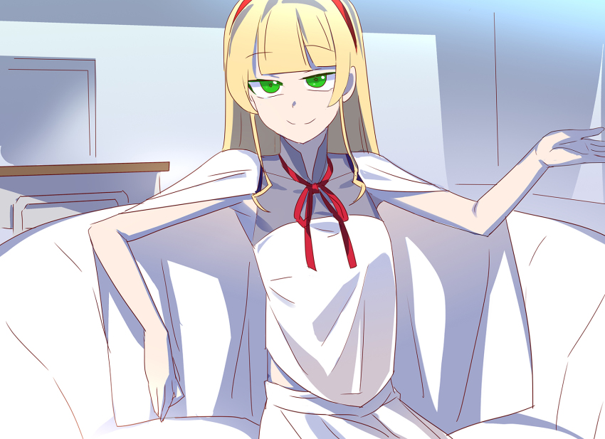 1girl, blonde_hair, cape, commentary, company_connection, cosplay, flat_chest, gigi_andalusia, gigi_andalusia_(cosplay), green_eyes, gundam, gundam:_hathaway's_flash, hairband, heanna_sumire, highres, long_hair, look-alike, looking_at_viewer, love_live!, love_live!_superstar!!, red_hairband, sitting, solo, straight_hair, sunrise_(company), upper_body, yostxxx