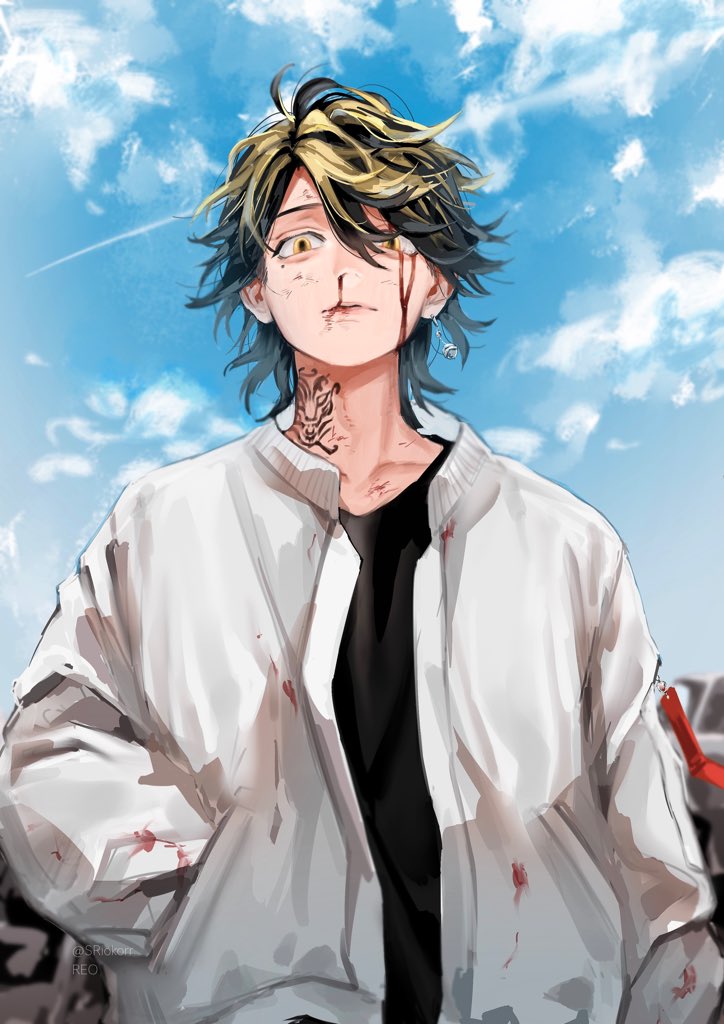 1boy, bell, black_hair, black_shirt, blonde_hair, blood, blue_sky, closed_mouth