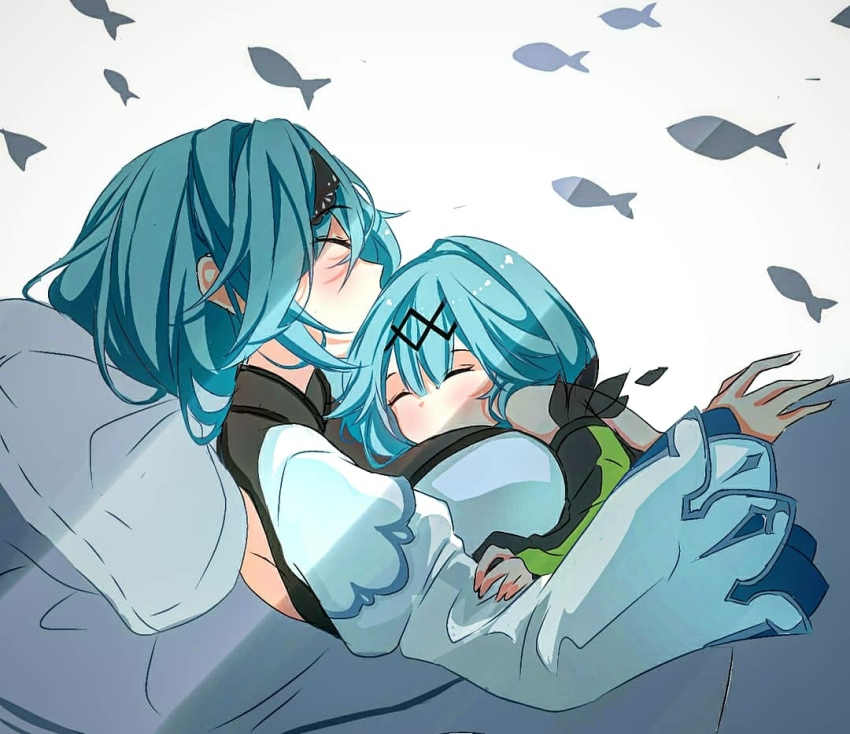 2girls, aqua_hair, azur_lane, black_hairband, breasts, eula_(genshin_impact), closed_eyes, fish