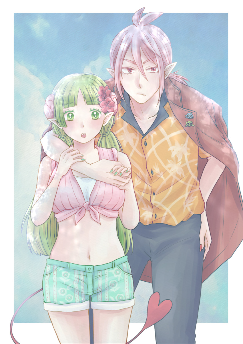 1boy, 1girl, arm_over_shoulder, asmodeus_alice, demon_horns, demon_tail, fang, flower, front-tie_top, green_eyes, green_hair, green_nails, hachicoro93, hair_flower, hair_ornament, hawaiian_shirt, heart, heart_tail, highres, horns, jacket, jacket_on_shoulders, looking_at_viewer, mairimashita!_iruma-kun, nail_polish, pink_eyes, pink_hair, pointy_ears, sharp_teeth, shirt, short_shorts, shorts, tail, teeth, valac_clara