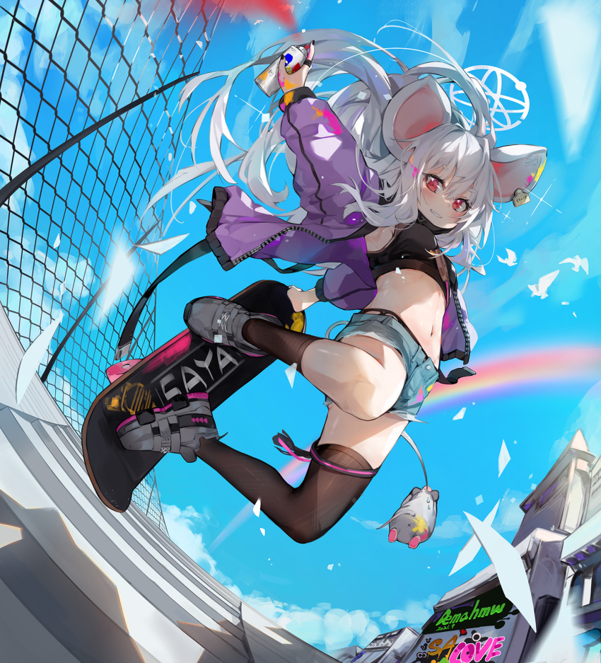 1girl, animal_ears, armpit_peek, asymmetrical_legwear, black_shirt, black_thighhighs, blue_archive, blue_shorts