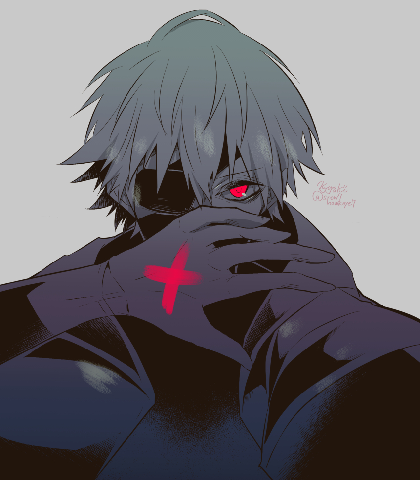 1boy, absurdres, artist_name, covered_mouth, eyepatch, grey_background, hair_between_eyes, hand_up