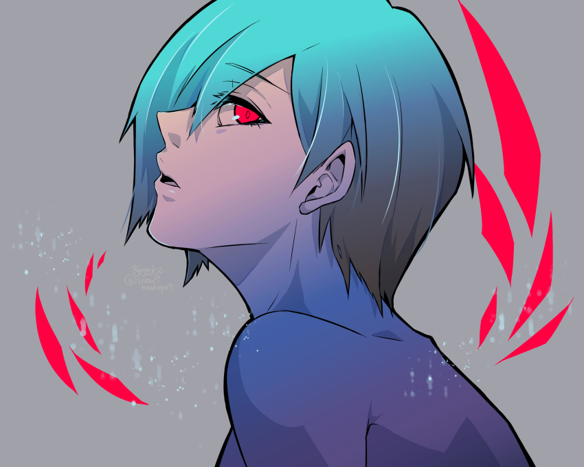1girl, alternate_hair_color, aqua_hair, artist_name, bare_shoulders, blue_hair, from_side, grey_background
