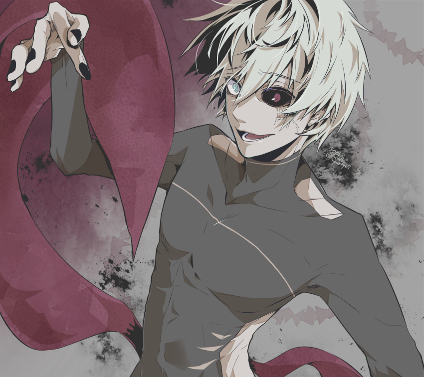 1boy, black_nails, black_sclera, blonde_hair, colored_sclera, covered_collarbone, grey_background, grey_eyes, hand_up, heterochromia, highres, kagune_(tokyo_ghoul), kaneki_ken, kyoya_(0o-7snow7-o0), long_sleeves, looking_at_viewer, lower_teeth_only, male_focus, nail_polish, open_mouth, red_eyes, short_hair, smile, solo, teeth, tokyo_ghoul, upper_body