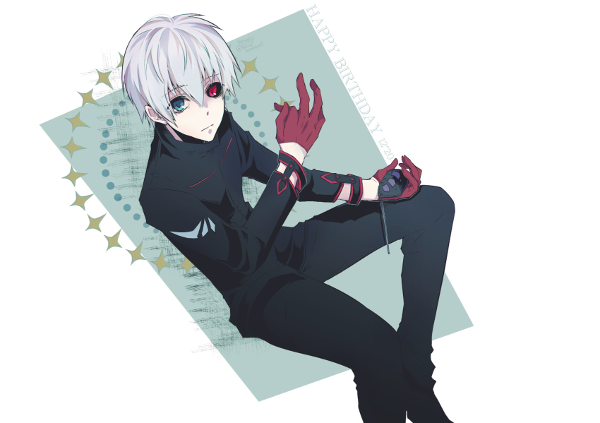 1boy, black_pants, black_sclera, black_shirt, closed_mouth, colored_sclera, gloves, green_eyes