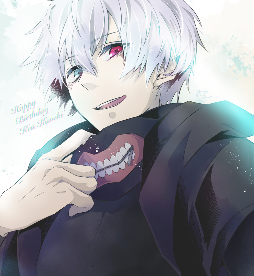 1boy, black_jacket, black_shirt, character_name, grey_eyes, grey_hair, hair_between_eyes, hand_up