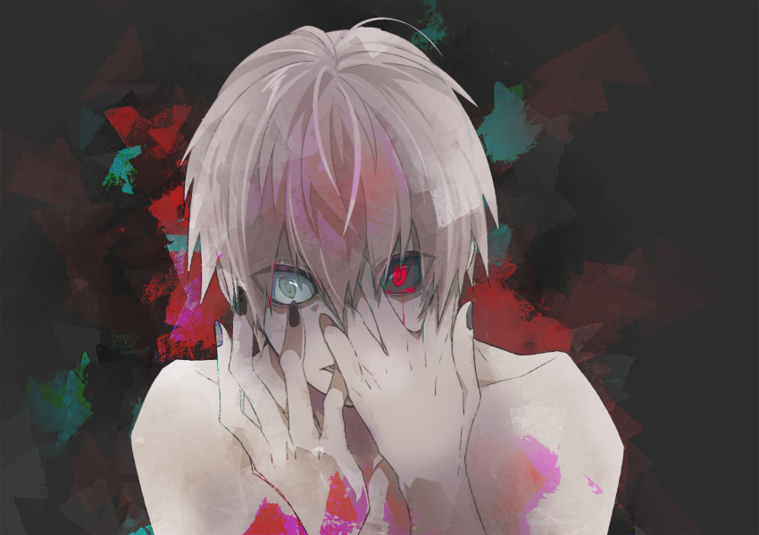 1boy, bare_shoulders, black_nails, black_sclera, brown_background, collarbone, colored_sclera, grey_eyes