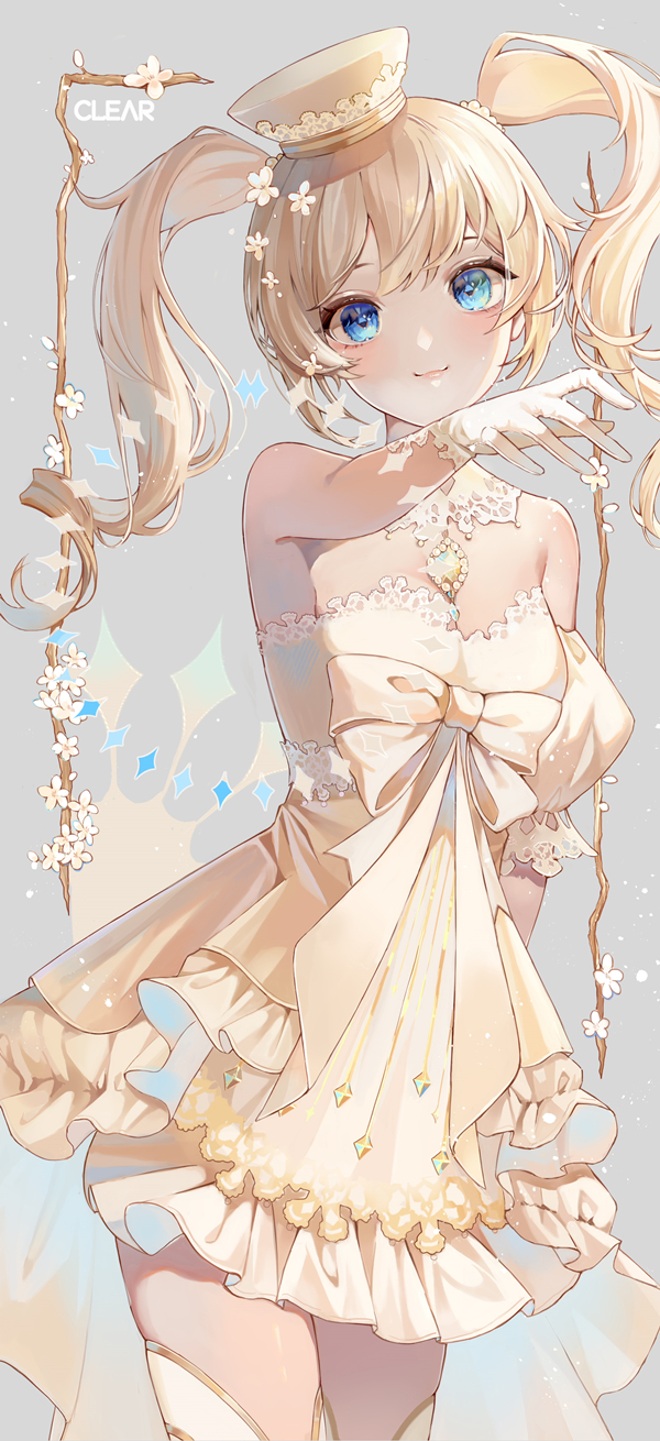 1girl, arm_up, artist_name, bad_id, bad_pixiv_id, barbara_(genshin_impact), bare_shoulders, blonde_hair, blue_eyes, blush, breasts, clear_regulus, cleavage, closed_mouth, detached_collar, detached_sleeves, dress, flower, frilled_dress, frills, genshin_impact, grey_background, hat, highres, layered_dress, long_hair, looking_at_viewer, mini_hat, out_of_frame, outside_border, puffy_short_sleeves, puffy_sleeves, short_sleeves, simple_background, single_detached_sleeve, skindentation, small_breasts, smile, solo, strapless, strapless_dress, thighhighs, twintails, white_flower, white_hat, white_thighhighs, yellow_dress, zettai_ryouiki