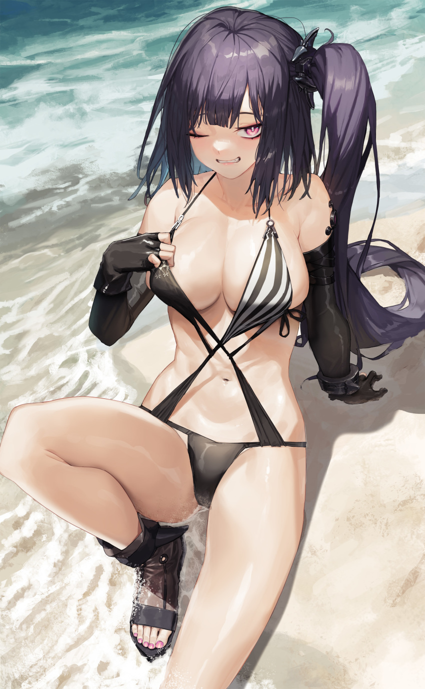 1girl, ;), absurdres, architect_(girls'_frontline), architect_(nvw_model)_(girls'_frontline), architect_(type_nvw)_(girls'_frontline), arm_support, beach, biki, bikini, black_footwear, black_gloves, black_hair, black_one-piece_swimsuit, breasts, casual_one-piece_swimsuit, cleavage, commentary, day, elbow_gloves, fingerless_gloves, girls'_frontline, gloves, grin, halterneck, highres, itting, knee_up, large_breasts, long_hair, looking_at_viewer, nail_polish, navel, o-ring, o-ring_swimsuit, official_alternate_costume, one-piece_swimsuit, one_eye_closed, outdoors, pink_eyes, pink_nails, side_ponytail, smile, solo, stomach, swimsuit, toenail_polish, toenails, tunamayo_(dsasd751), very_long_hair, water