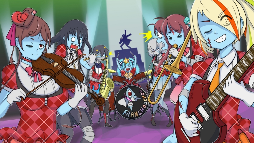 6+girls, black_hair, blonde_hair, bow, brown_hair, clarinet, drum, guitar, hair_ornament, highres, hoshikawa_lily, instrument, japanese_clothes, kimono, konno_junko, long_hair, looking_at_viewer, minamoto_sakura, mizuno_ai, multicolored_hair, multiple_girls, nikaidou_saki, nwr, open_mouth, red_eyes, red_hair, saxophone, short_hair, trombone, twintails, violin, yamada_tae, yuugiri_(zombie_land_saga), zombie, zombie_land_saga