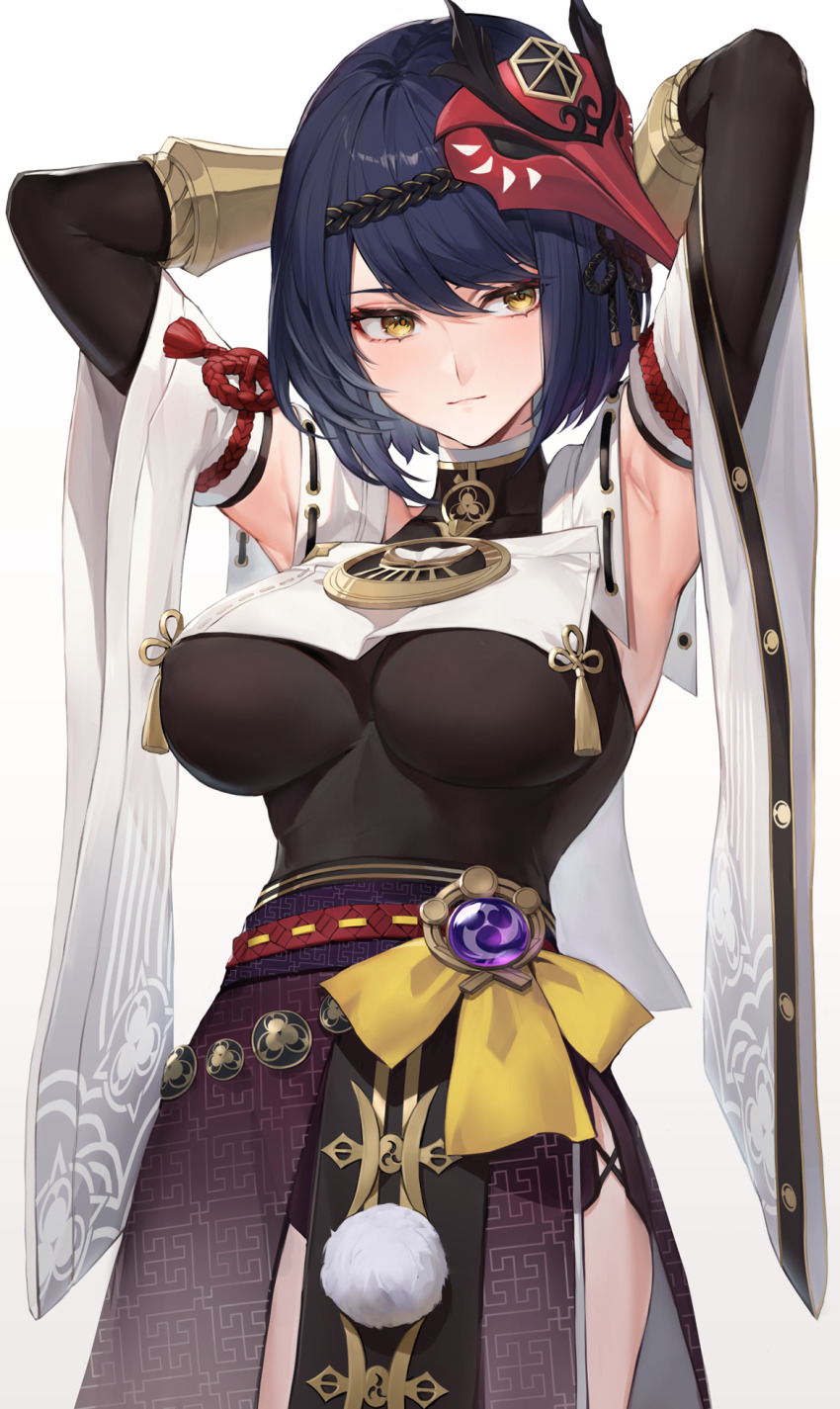 1girl, armpits, black_bodysuit, black_gloves, black_hair, bodysuit, bracer, breasts, detached_sleeves, elbow_gloves, genshin_impact, gloves, highres, japanese_clothes, kujou_sara, large_breasts, looking_at_viewer, mask, mask_on_head, obi, pelvic_curtain, sash, short_hair, sleeveless, solo, swept_bangs, tabard, tassel, tengu_mask, thighs, watao, wide_sleeves, yellow_eyes