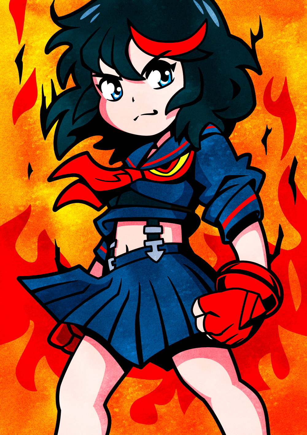 1girl, blue_eyes, chibi, clenched_hands, female_focus, fire, highres, kill_la_kill, matoi_ryuuko, nakanishi_kent, school_uniform, senketsu, solo