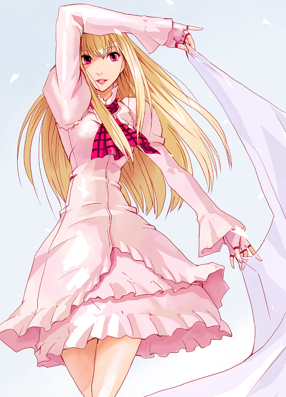 1girl, akito, blonde_hair, dress, emilie_de_rochefort, female_focus, fingerless_gloves, gloves, long_hair, namco, pink_dress, pink_skirt, red_eyes, skirt, smile, solo, tekken