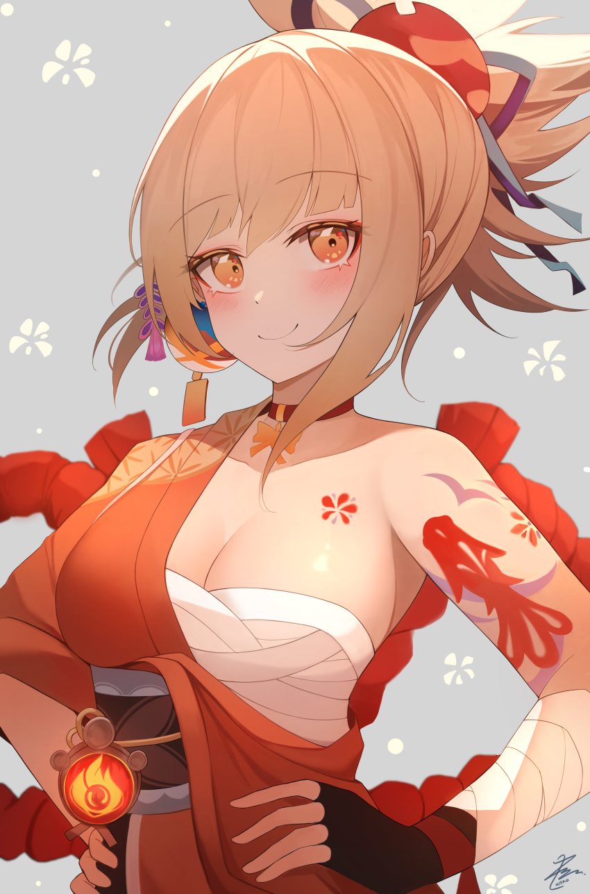 1girl, absurdres, arm_tattoo, bandaged_arm, bandages, blush, breasts, chest_tattoo