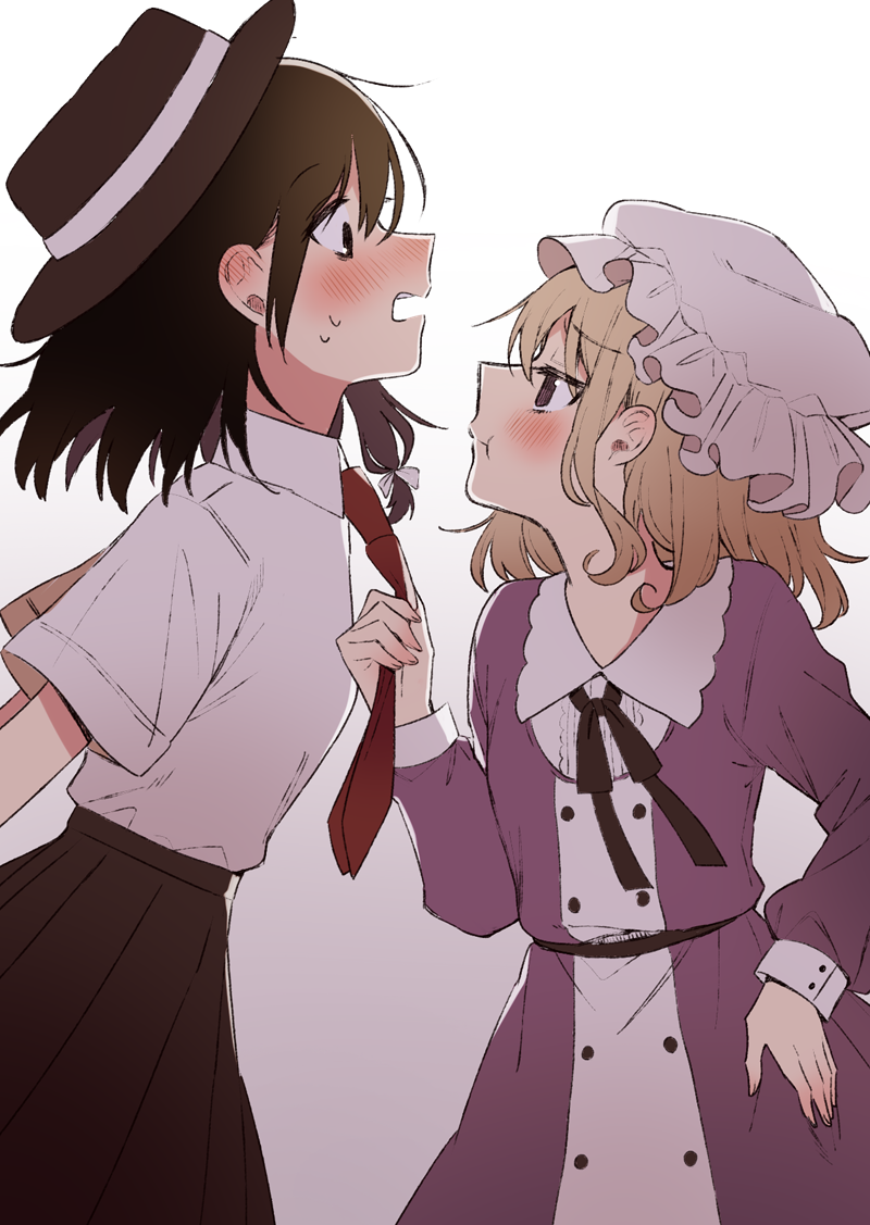 black_eyes, black_neckwear, black_ribbon, black_skirt, blonde_hair, blush, brown_eyes, brown_hair