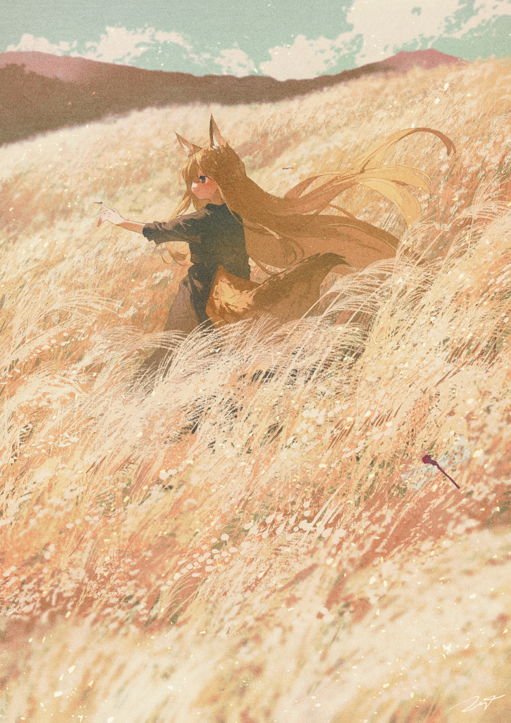 1girl, animal_ears, blonde_hair, bug, cloud, commentary_request, dragonfly, dress, field, hair_over_one_eye, highres, insect, long_hair, mountainous_horizon, original, outstretched_hand, pampas_grass, potg_(piotegu), smile, tail, very_long_hair, wind