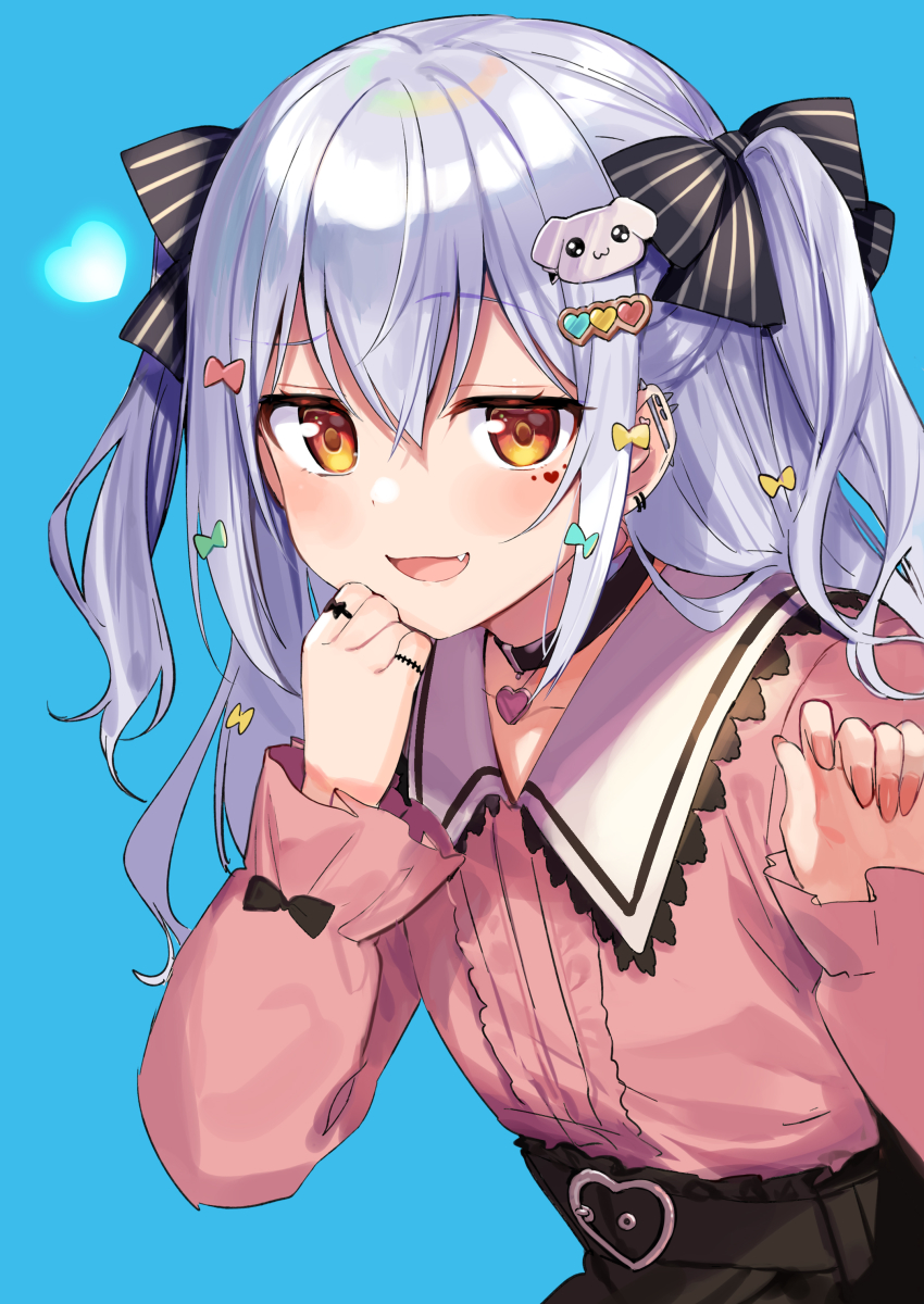 1boy, absurdres, barbell_piercing, blue_background, bow, choker, ear_piercing, fang, hair_between_eyes, hair_bow, hair_ornament, hairclip, heart, highres, industrial_piercing, inuyama_tamaki, long_hair, long_sleeves, looking_at_viewer, noripro, orange_eyes, piercing, silver_hair, simple_background, smug, solo, trap, upper_body, virtual_youtuber, yumesaki_nana