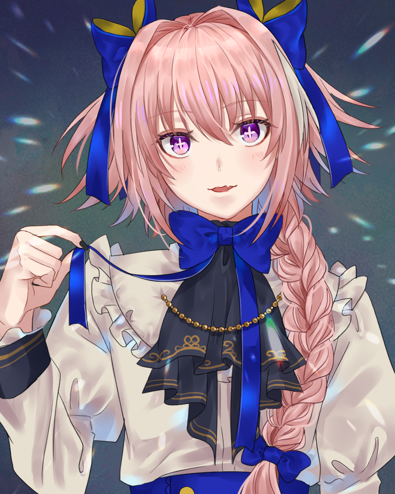 1boy, astolfo_(fate), azaka_(rionrita), bow, bowtie, braid, braided_ponytail, commentary_request