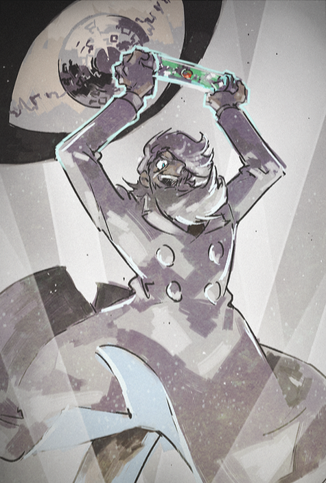 1boy, arms_up, beard, commentary_request, cowboy_shot, facial_hair, franken_von_vogler, giant_robo