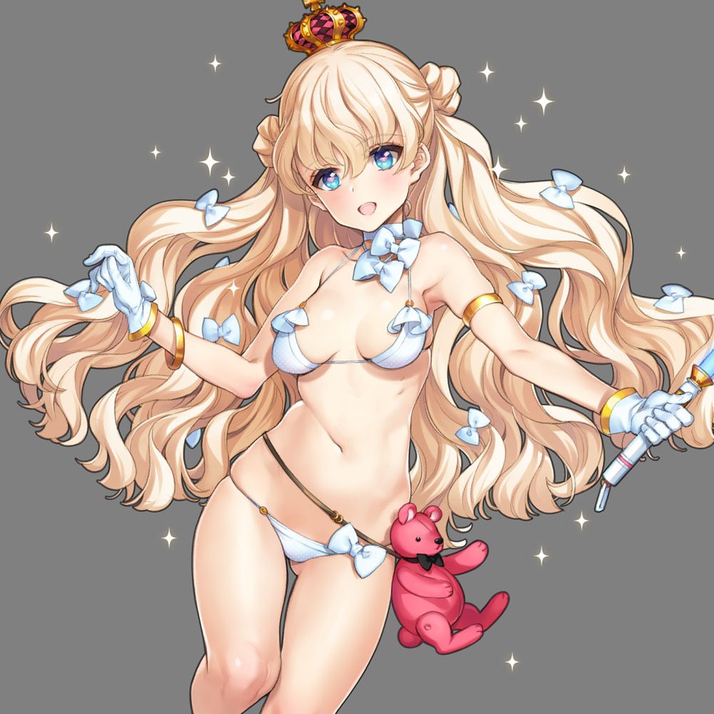 1girl, belt, bikini, black_belt, blonde_hair, blue_eyes, border, bow, bow_bikini, breasts, collar, commentary_request, crown, eiyuu_senki, energy_sword, gloves, grey_background, hair_bow, halterneck, holding, holding_sword, holding_weapon, king_arthur_(eiyuu_senki), lightsaber, long_hair, looking_at_viewer, medium_breasts, mini_crown, ooyari_ashito, open_mouth, pink_pupils, red_headwear, simple_background, smile, solo, standing, string_bikini, stuffed_animal, stuffed_toy, swimsuit, sword, teddy_bear, wavy_hair, weapon, white_bikini, white_border, white_collar, white_gloves