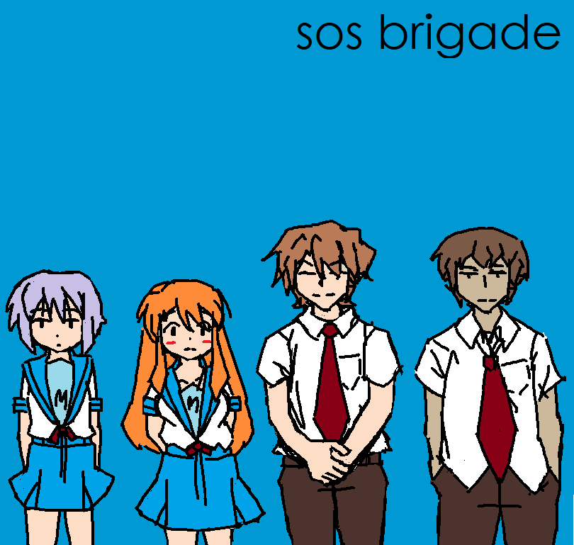 2boys, 2girls, asahina_mikuru, bad_source, blouse, blue_background, brian_bell, brown_hair, collared_shirt, english_text, kerbe, koizumi_itsuki, kyon, matt_sharp, multiple_boys, multiple_girls, nagato_yuki, orange_hair, own_hands_together, parody, patrick_wilson, purple_hair, rivers_cuomo, school_uniform, serafuku, shirt, shirt_tucked_in, simple_background, suzumiya_haruhi_no_yuuutsu, weezer_(band), white_shirt
