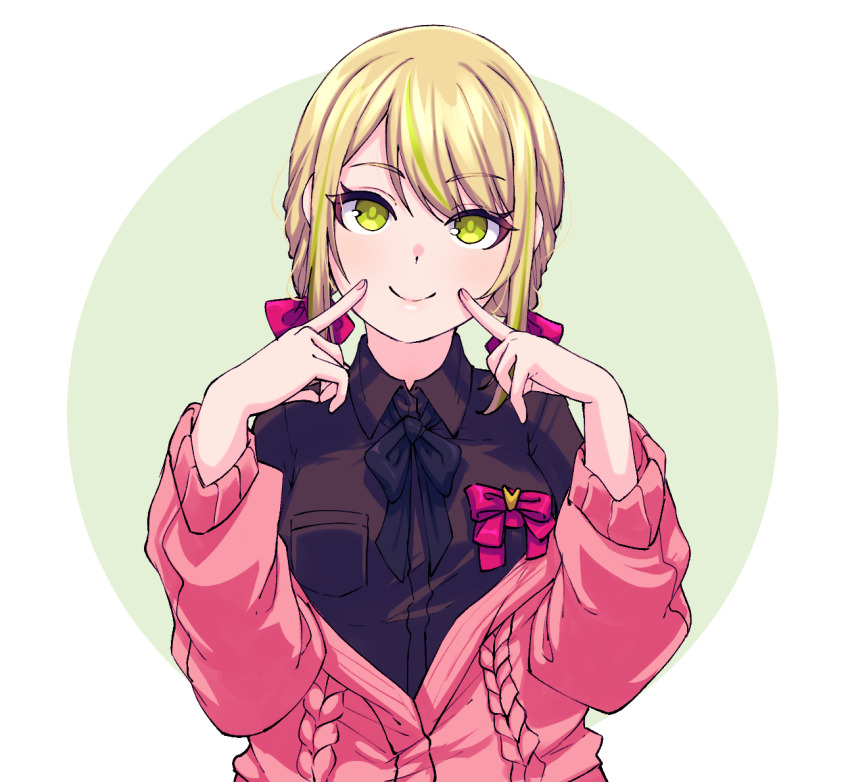 1girl, black_neckwear, black_ribbon, blonde_hair, brown_shirt, closed_mouth, collared_shirt, fingernails, fingers_to_cheeks, fuzuki_miki, fuzuki_miki_(2nd_costume), green_background, green_eyes, head_tilt, indie_virtual_youtuber, jacket, long_sleeves, looking_at_viewer, medium_hair, multicolored_hair, pink_ribbon, pink_sweater, ribbon, sanpaku, shirt, smile, solo, streaked_hair, sweater, sweater_jacket, upper_body, valefal_coneri, virtual_youtuber, wing_collar