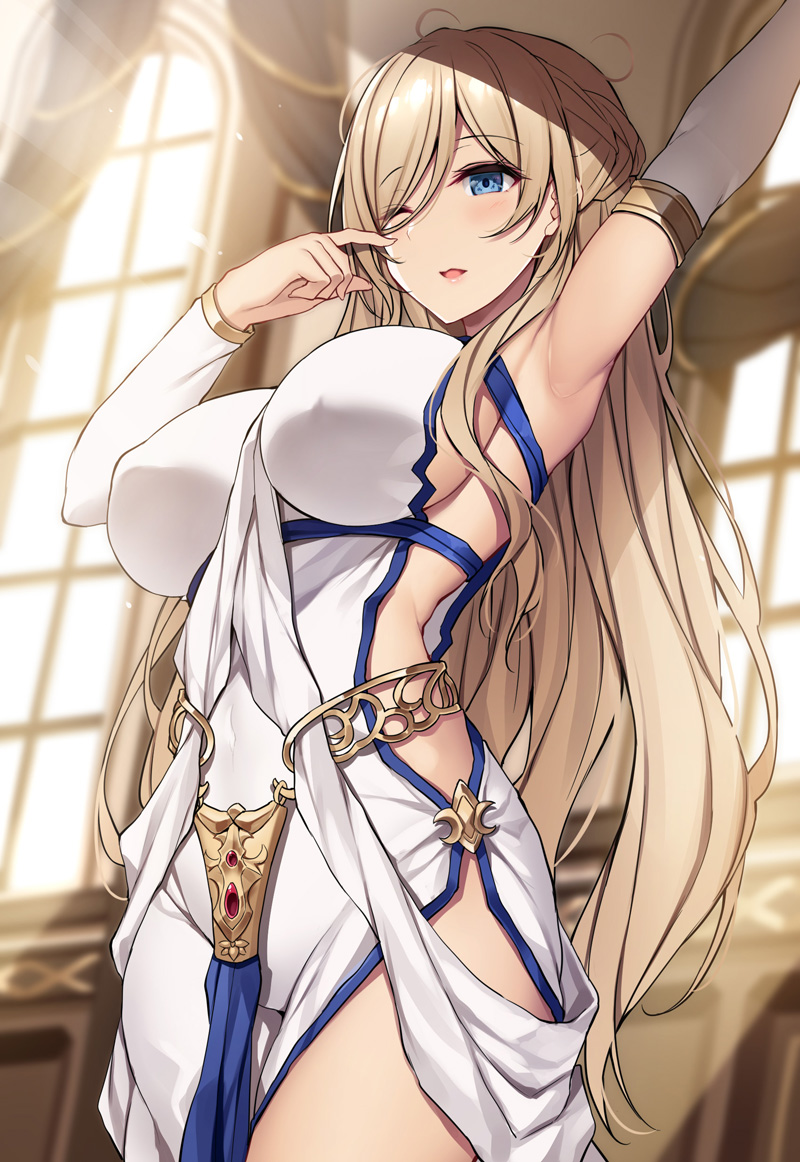 1girl, aged_up, arm_up, armpits, blonde_hair, blue_eyes, blurry, blurry_background