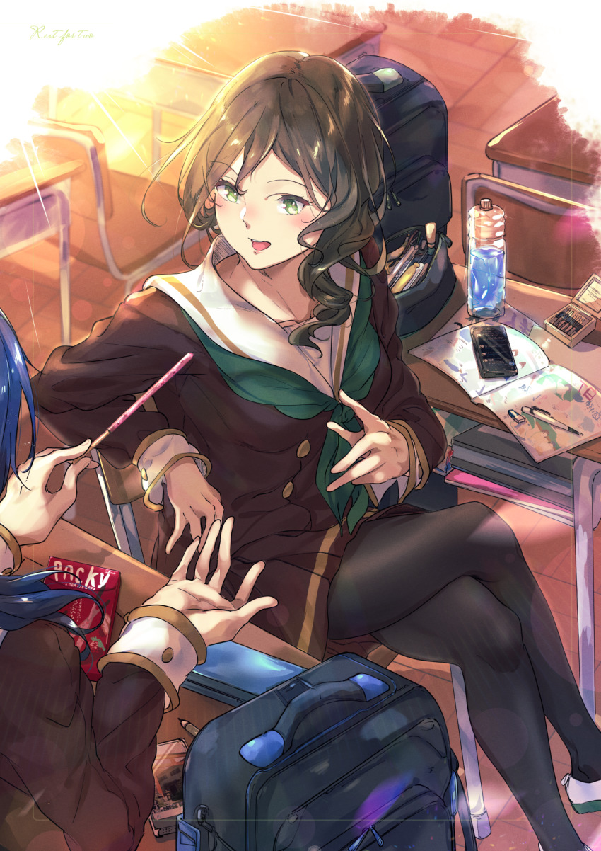 2girls, bag, black_legwear, blush, bottle, brown_hair, brown_skirt, cardigan, cellphone, character_request, collarbone, commentary_request, crossed_legs, desk, eraser, food, green_eyes, green_neckerchief, hibike!_euphonium, highres, kitamura_raina, kitauji_high_school_uniform, kuzia_(atarayo), long_sleeves, looking_at_another, miniskirt, multiple_girls, neckerchief, open_mouth, pantyhose, phone, pleated_skirt, pocky, school_bag, school_desk, school_uniform, shadow, skirt, tile_floor, tiles, water_bottle