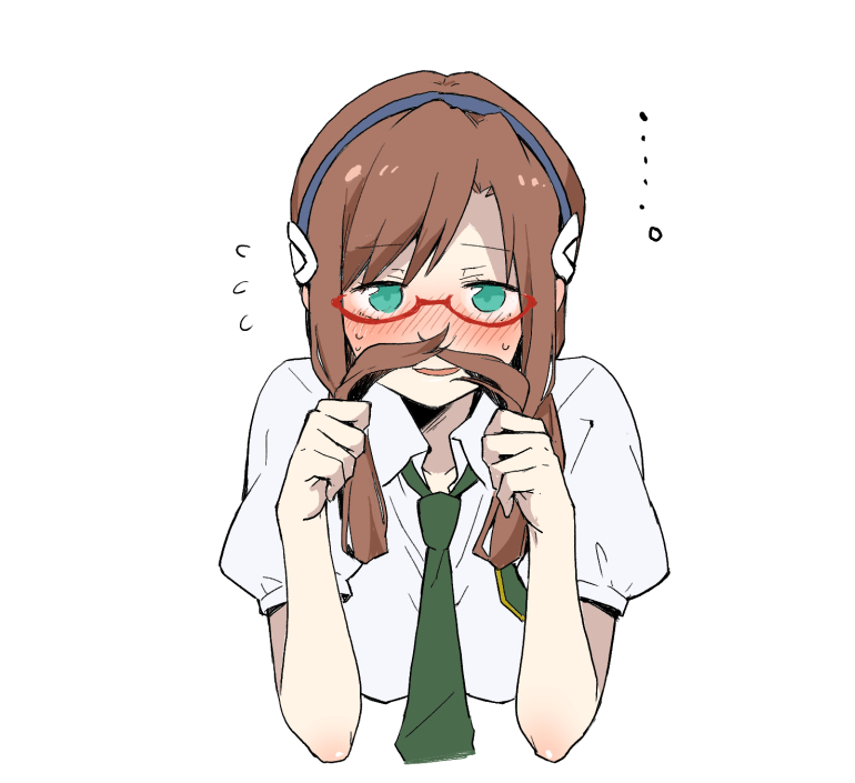 1girl, blush, brown_hair, cropped_torso, embarrassed, fake_facial_hair, fake_mustache, flying_sweatdrops