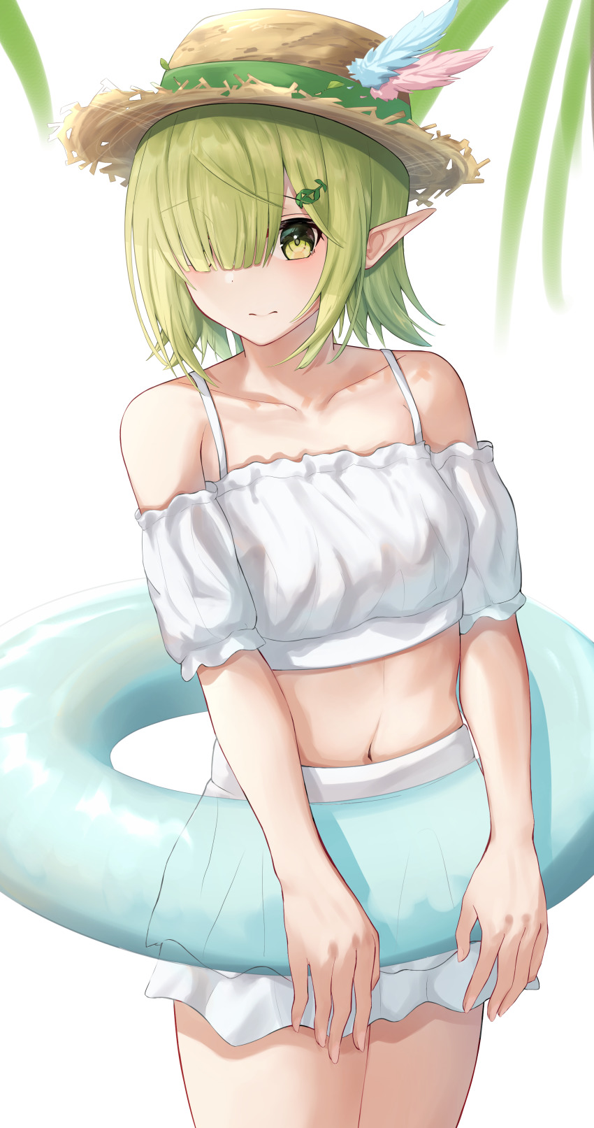 1girl, absurdres, amen_osora, aoi_(princess_connect!), breasts, elf, green_eyes, green_hair, highres, pointy_ears, princess_connect!, small_breasts, swimsuit, tagme