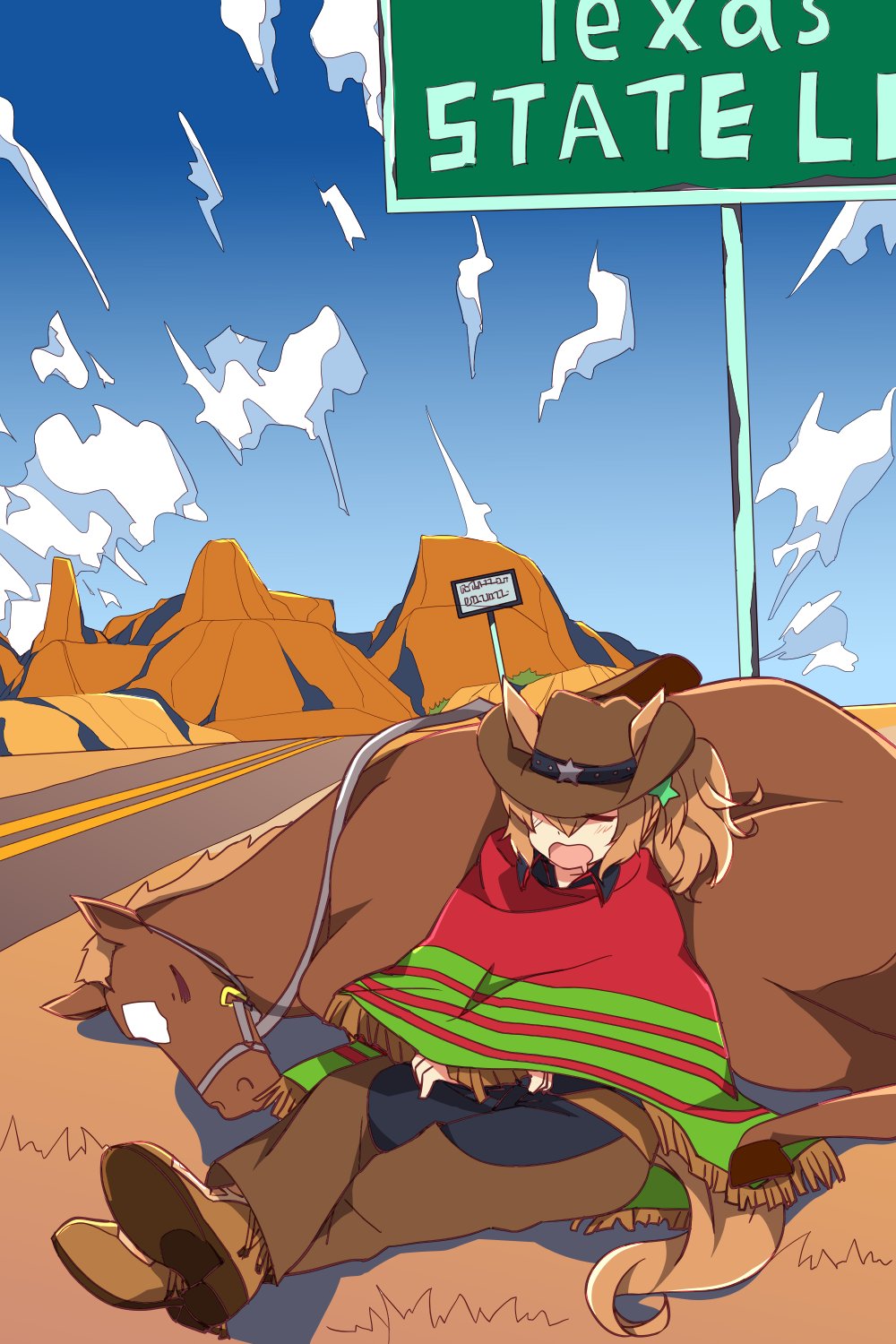 animal_ears, blue_sky, boots, border, chaps, closed_eyes, cloud, cowboy, cowboy_boots, cowboy_hat, cowboy_western, creature_and_personification, desert, hair_ornament, hat, highres, horse, horse_ears, horse_girl, horse_tail, light_brown_hair, medium_hair, mountainous_horizon, personification, road, sky, sleeping, star_(symbol), star_hair_ornament, taiki_shuttle_(racehorse), taiki_shuttle_(umamusume), tail, texas, umamusume, wahiko_(black_bastard), western